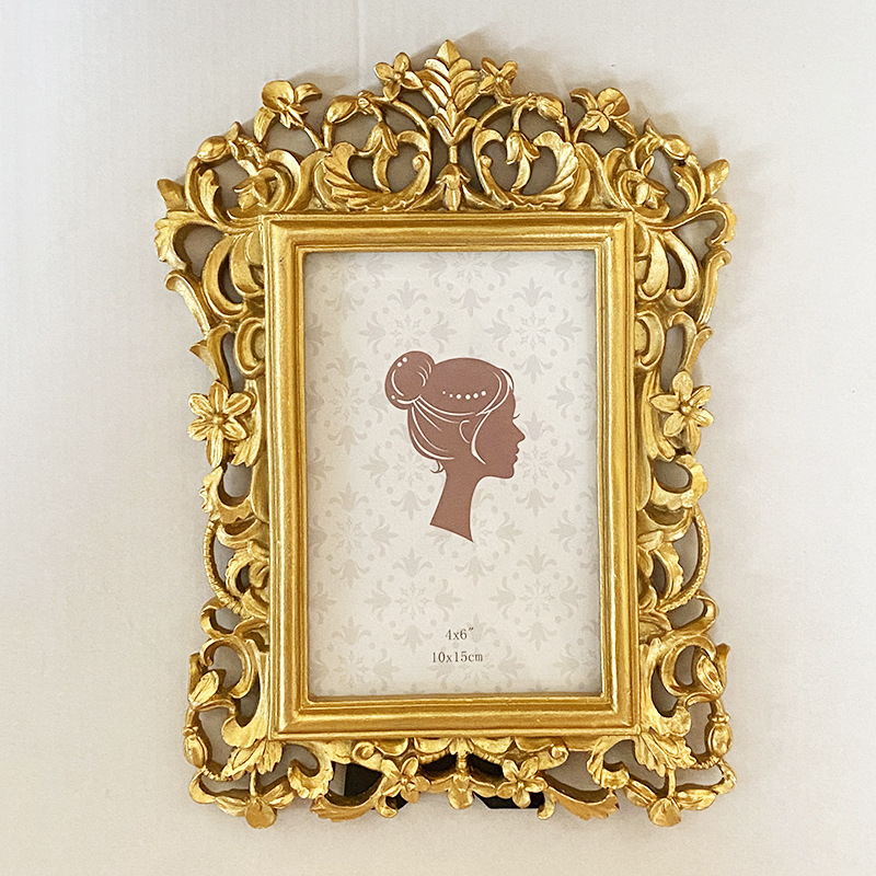 Vintage Rectangle Photo Frame Wall Hanging Golden Embossed Resin Picture Frame Holder Table Decoration Home Decor, Paper Random: Clear