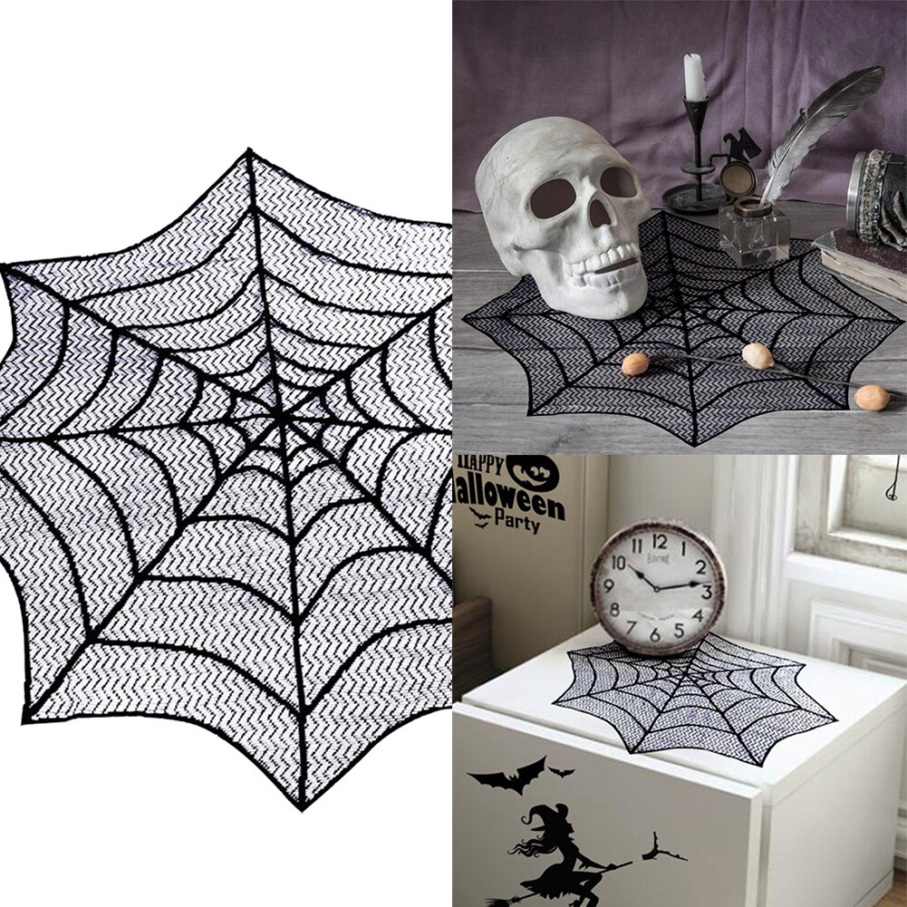Halloween Lace Spider Web Tablecloth Round Table Topper Covers Halloween Table Decoration Fireplace Scarf Cozy