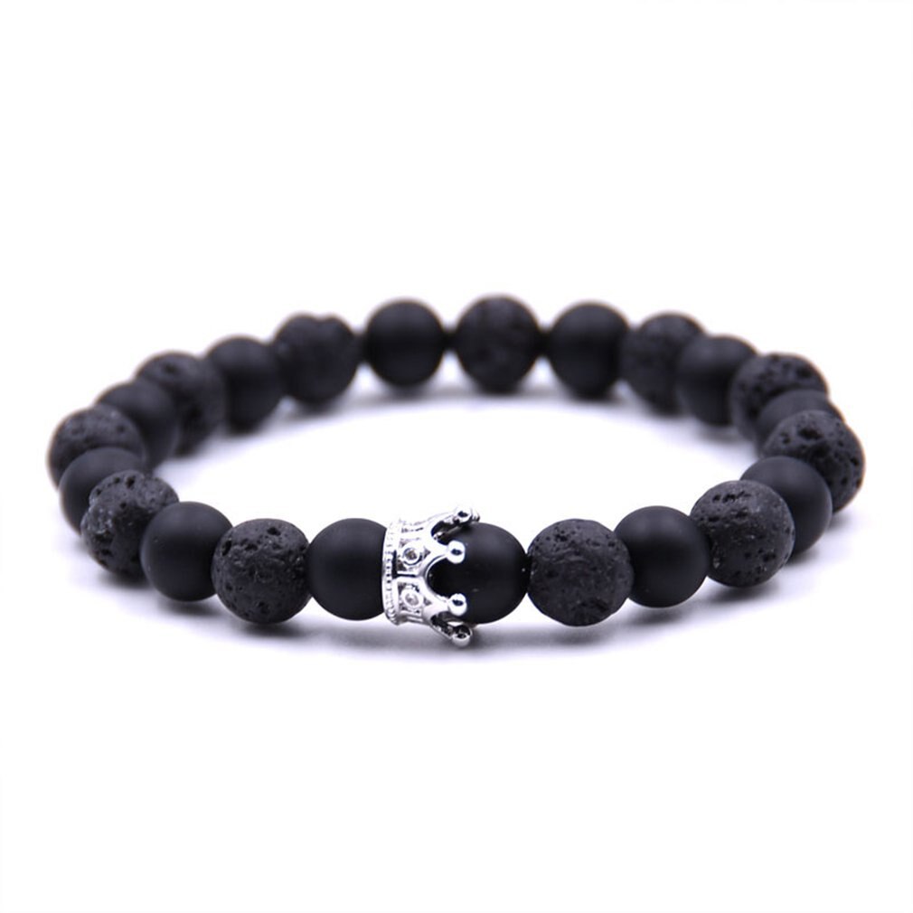 Pulsera de pareja de ajustable de piedra volcánica de mármol Scrub Beads Crown Bangles para Mujeres Hombres joyería con caja negra