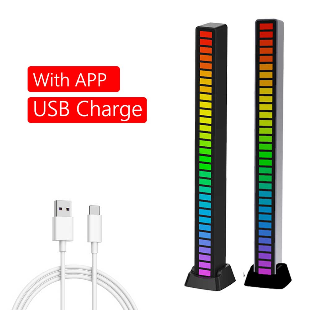 Barra de luz LED RGB para coche y hogar, lámpara ambiental con Control de sonido, música, ambiente, Pickup Rhythm, USB/tipo C, 32 LED: USB Powered with App / Plata