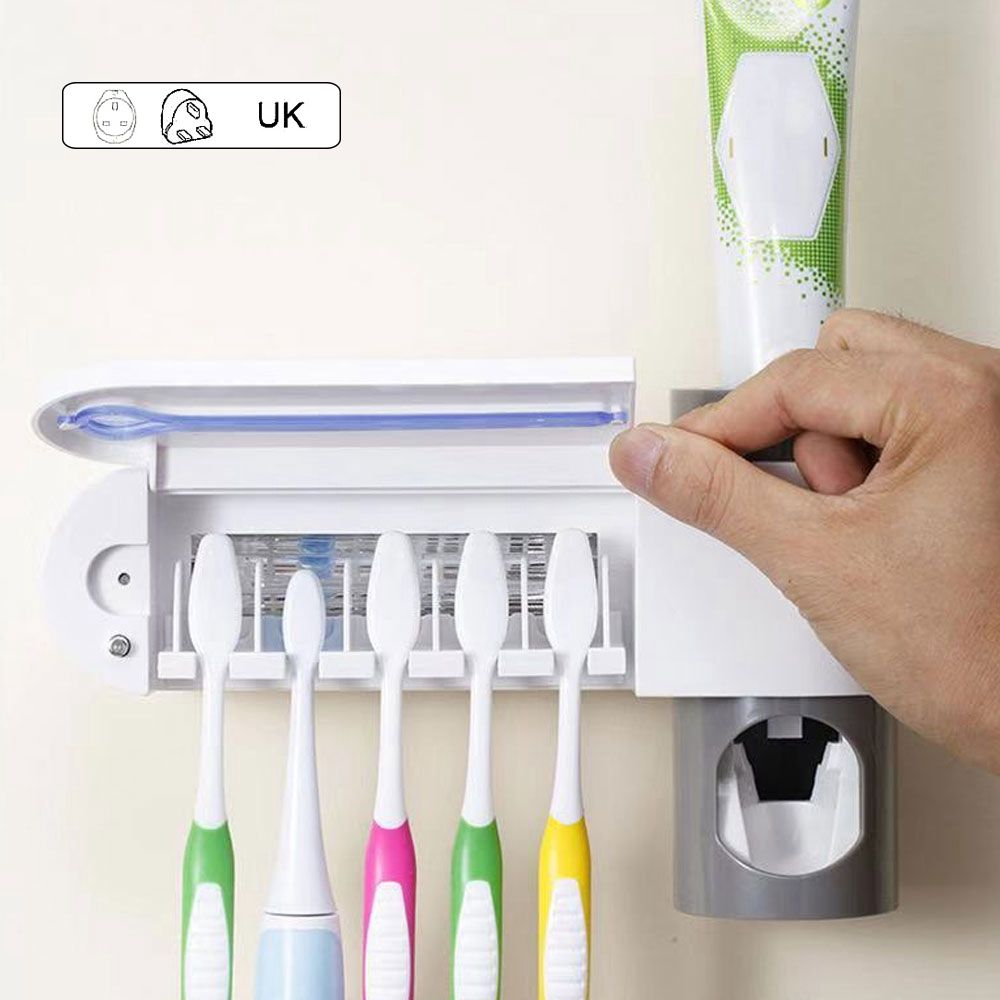 Accesorios de baño, soporte para cepillo de dientes, dispensador automático de pasta de dientes, soporte para montaje en pared, estante, utensilios para el baño, 1 Juego: UK Plug