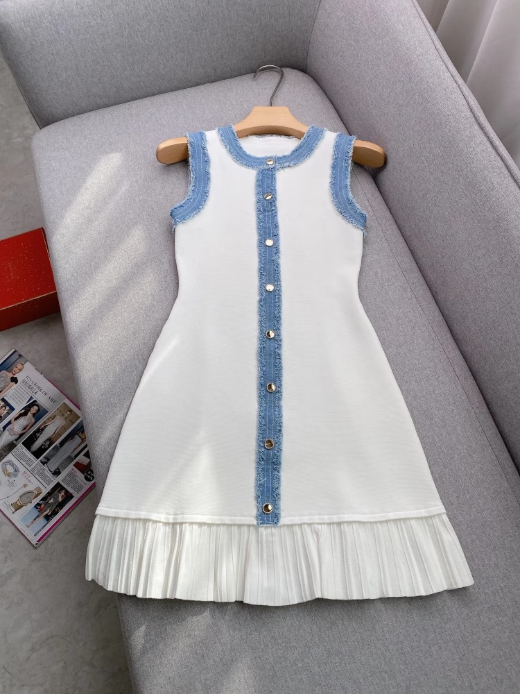 Vestido vaquero avanzado de retazos para mujer, vestido sin mangas con borde con volantes y cuello redondo para ir al trabajo, primavera y verano