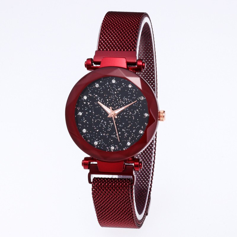 Luxe merk dameshorloge met diamanten wijzerplaat, dameshorloge met magnetische stalen armband en sterren, waterdicht horloge: Rood