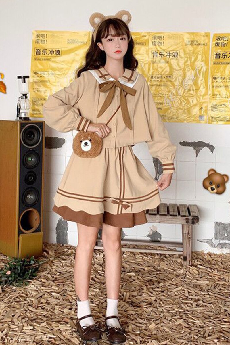 Estilo universitário conjunto de outono feminino 2020 novo estilo universitário estilo japonês casaco saia kawaii roupas doce lolita vestido
