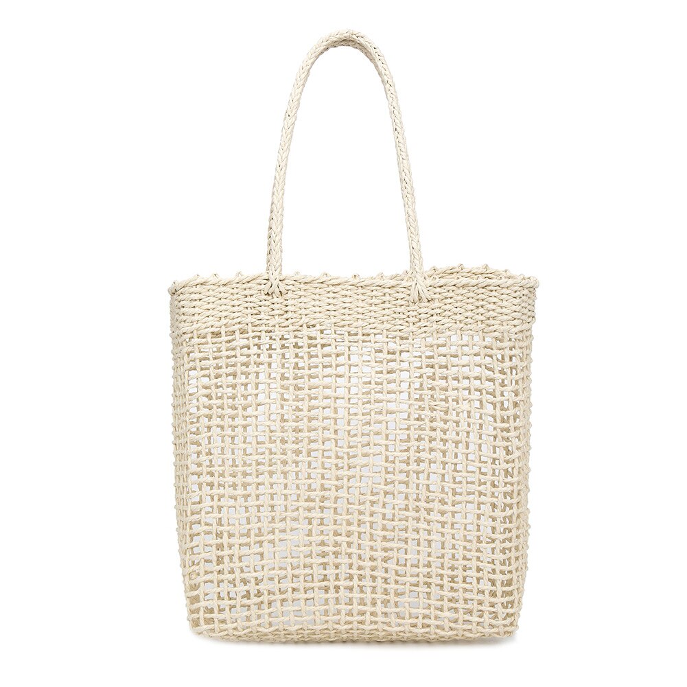 Women Handbag Hollow Handmade Straw Woven Tote Large Capacity Summer Beach Shoulder Bag Party: White