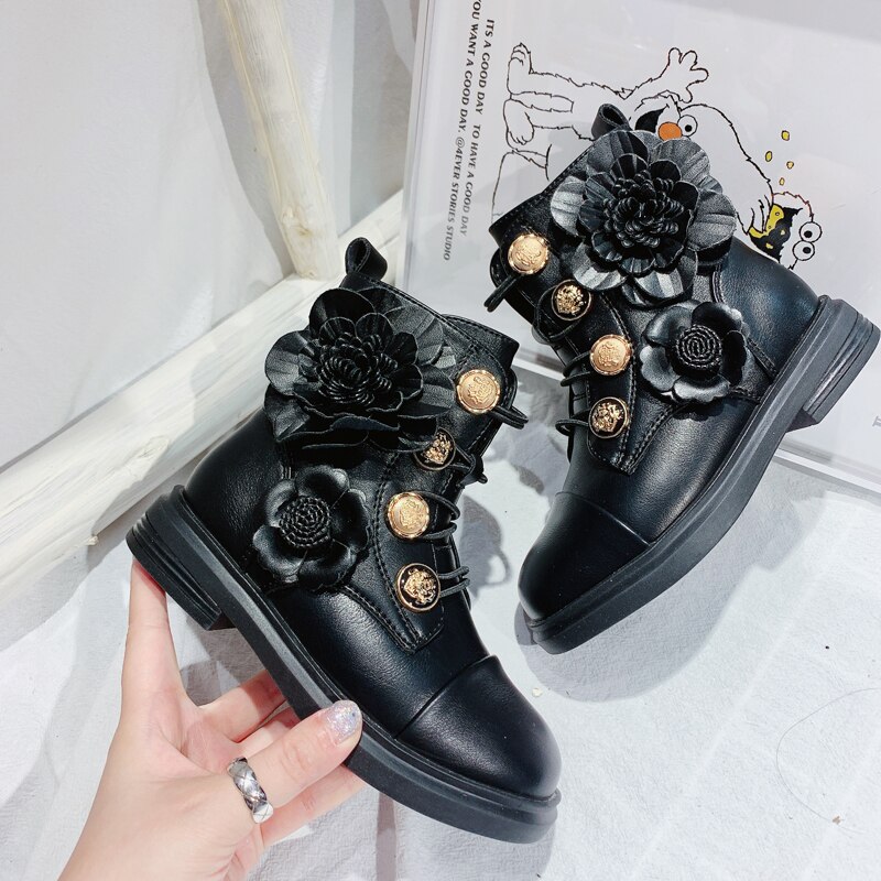 Inverno crianças botas do bebê meninas botas de couro genuíno crianças flor vestido sapatos preto princesa botas moda marca tornozelo sapato novo: 11