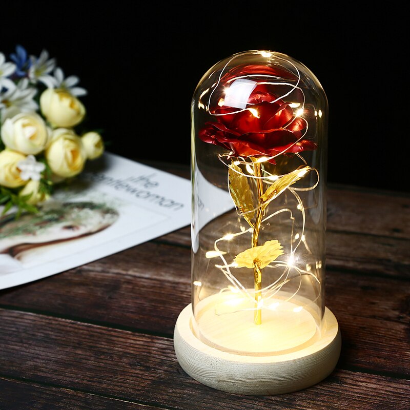 Skønhed og udyr rose i kolbe led rose blomst lys sort base glas kuppel bedst til mors dag fødselsdag valentinsdag