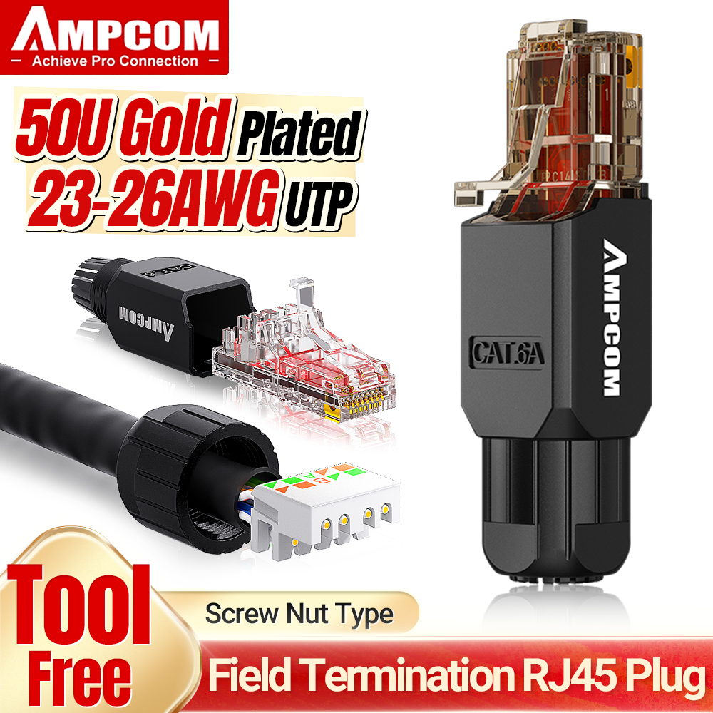 AMPCOM Werkzeugfreier RJ45-Stecker, kein Crimpwerkzeug weniger UTP 1000 Mbit/s Katze6/Katze6A Modularstecker für verseiltes fest-LAN-Ethernet-Kabel