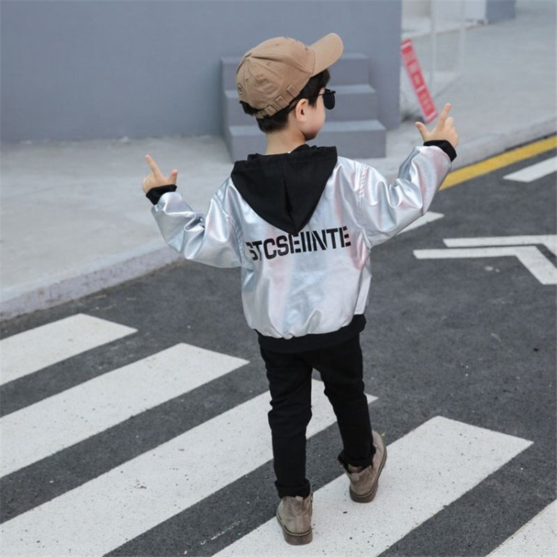 Kids Sport Leren Jas Herfst Jongens Meisje Hoodies Jas Reflecterende Zilveren Lange Mouwen Bovenkleding Ademende Unisex Windjack 3-9Y