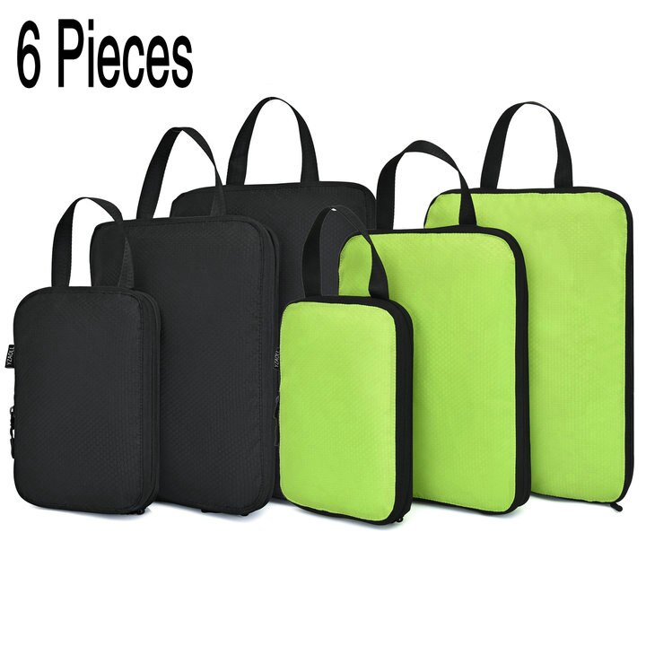 Travel Bag Compression Travel Storage Bag Clothes Tidy Organizer Suitcase Pouch 3/6 Pieces Case Shoes Packing Cube luggage bag: 6pcs Black and Green