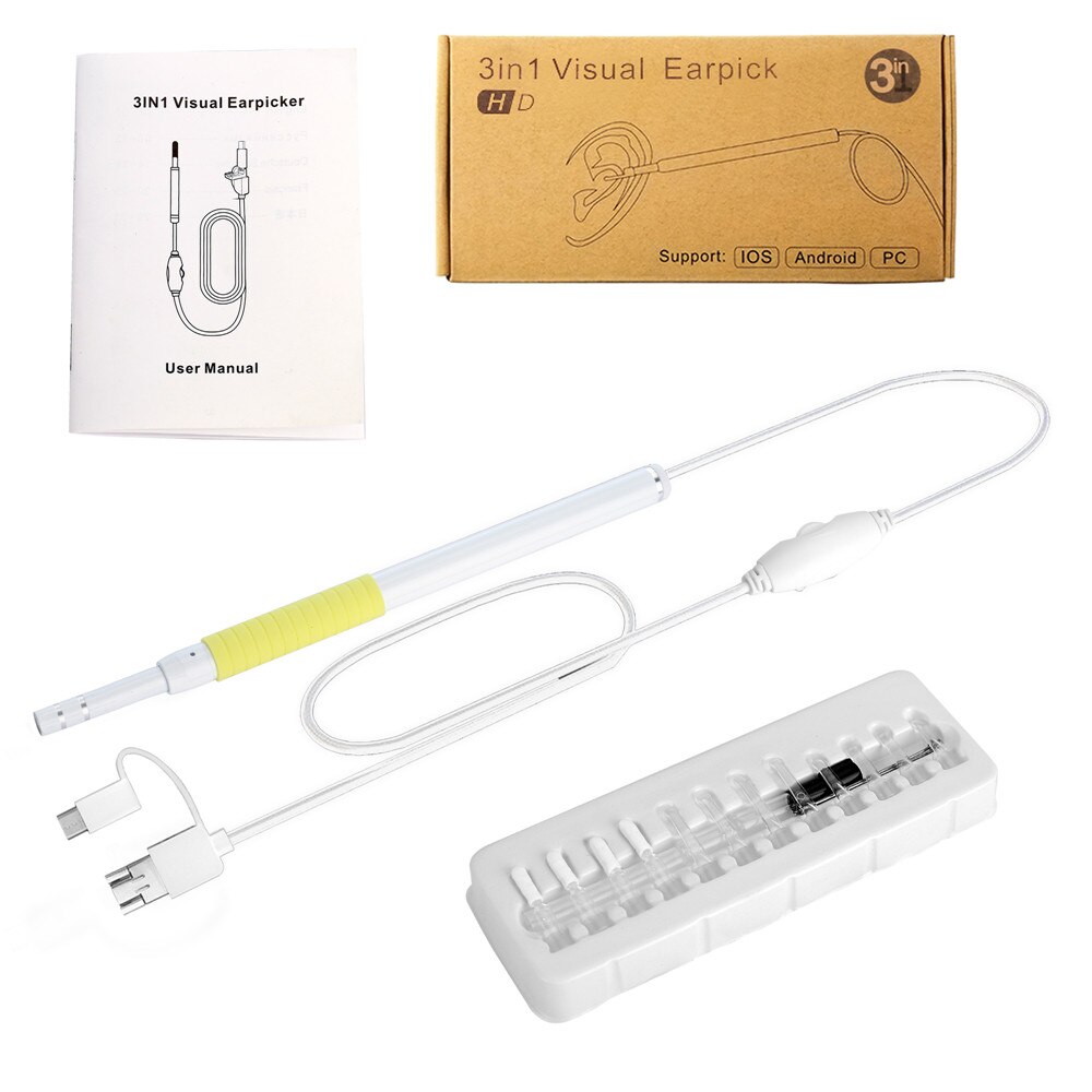 3 in 1 Ear Endoscope Visual Ear Spoon 2M cable 5.5mm Mini Camera Diagnostic Tool Health Care Visual Ear Cleaning Ear Pick: Yellow