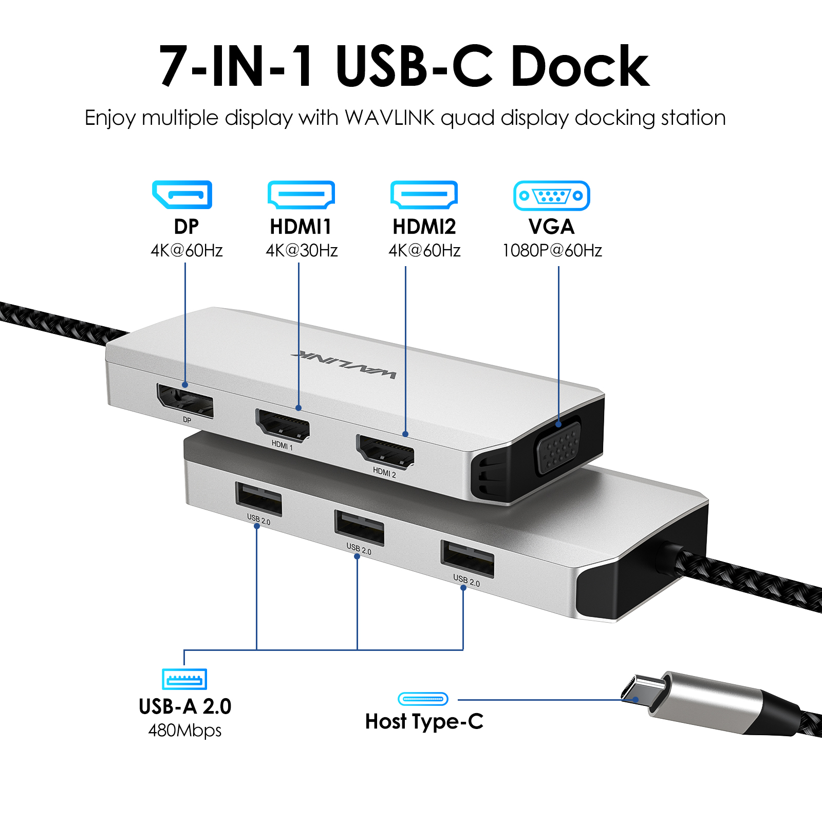 Wavlink usb c till hdmi-adapter med dubbel skärm, dubbel 4k @ 60hz 3-- i- -1 hdmi-adapter med 95w strömförsörjningar för bärbara macbook pro/air: Silver-