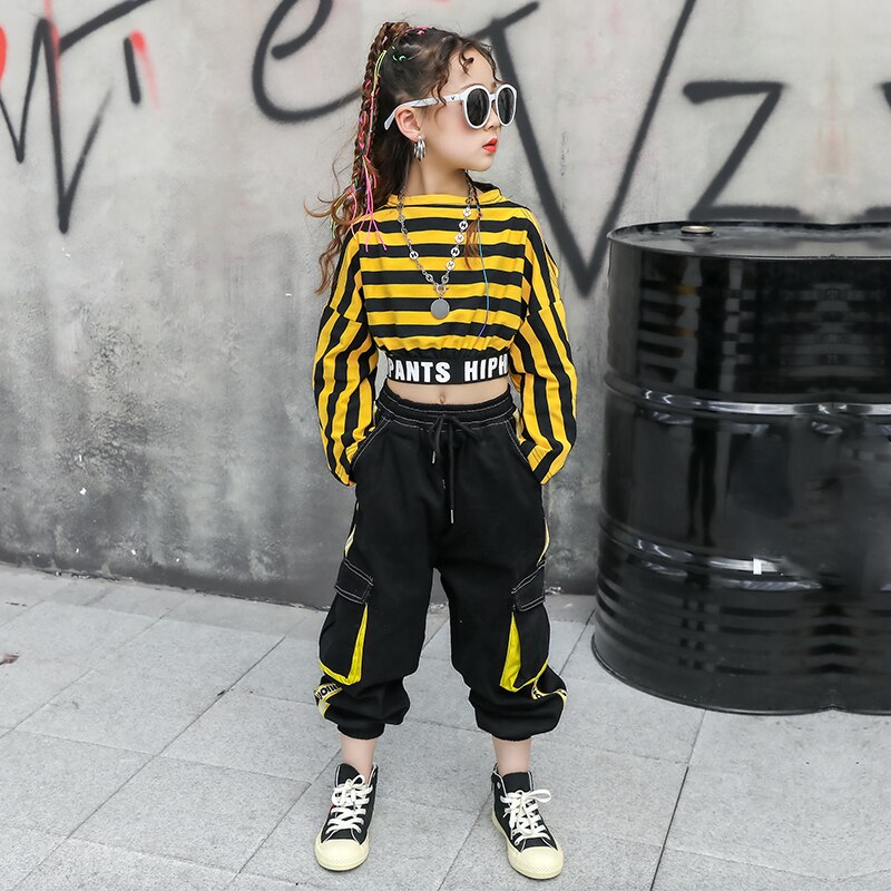 Piger hiphop dans kostumer til børn gul stribe top hiphop bukser moderne dans rave tøj jazz street wear dqs 5461