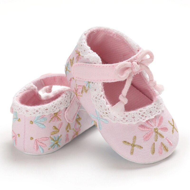 Baby Girl First Walkers Cartoon Floral Embroidery Soft Sole Baby Crib Shoes With Bowknot 0-18M