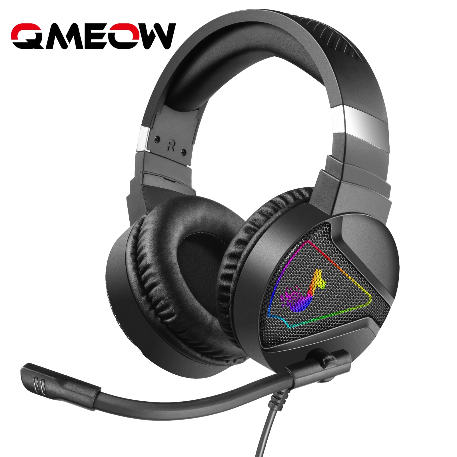 QMEOW słuchawki gamingowe z LED przewodowy zestaw słuchawkowy HiFi 4D słuchawki Stereo ze składanym mikrofonem na PC Laptop Online klasa i gra