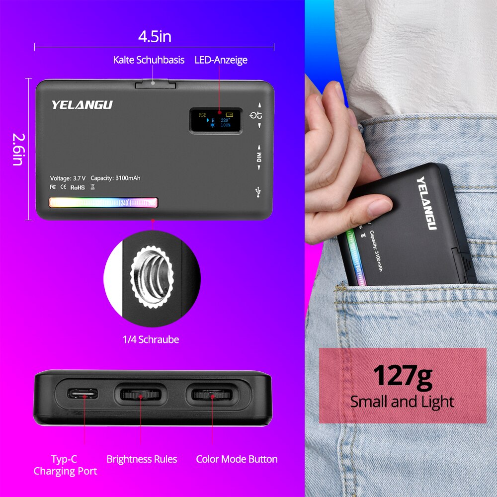 YELANGU LED RGB Video Licht 2500-9000K Temperatur Tragbare Photogaphy Selfie Beleuchtung für Studio DSLR Kamera Smartphone 3100mAh