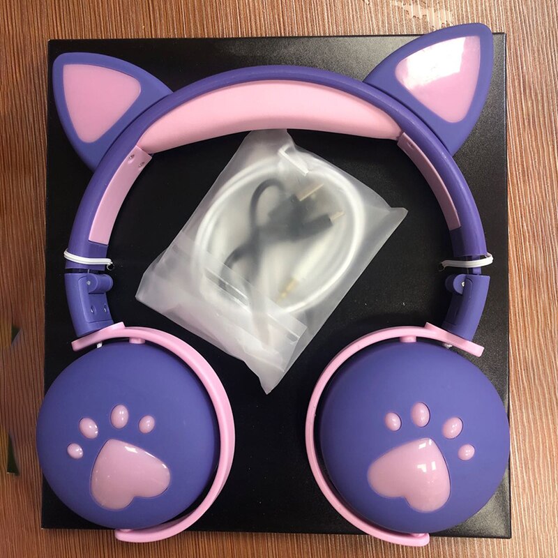 7.1 Stereo Cute Cat Bluetooth Wireless Headphone With Microphone Flashing light Noise Cancel Earphone Music Helmet Girl Kid: deep purple