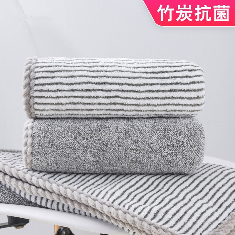 Eenvoudige Huishoudelijke Bamboe Houtskool Vezels Coral Fleece Dikker Water-Absorberende Antibacteriële Strepen Droog Haar Wassen Gezicht Handdoek