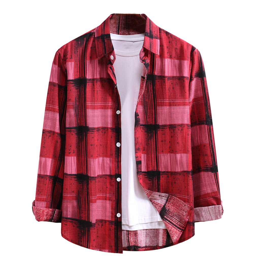 Casual camisa masculina camisa de manga comprida camisa de lapela de impressão xadrez camisa de manga comprida masculina marca baggy camisa casual chemise homme: Vermelho / S