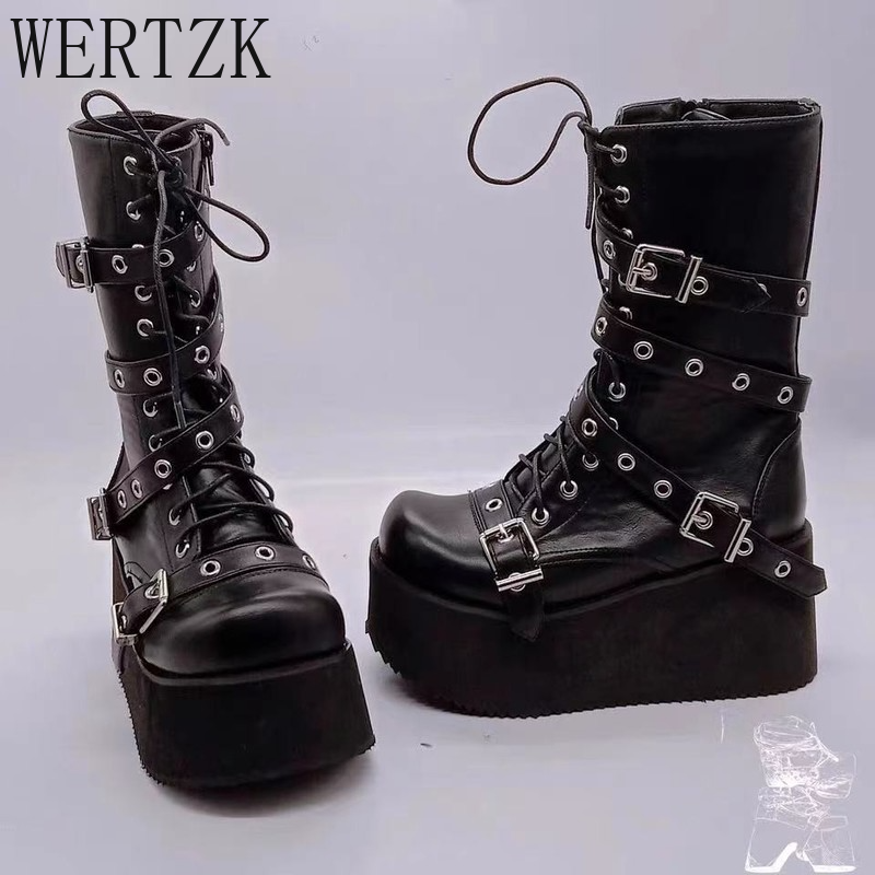 Botas de cuña con plataforma para mujer, zapatos femeninos de estilo gótico, Punk, con correa de hebilla, a la , con cordones, de de , para Otoño e Invierno