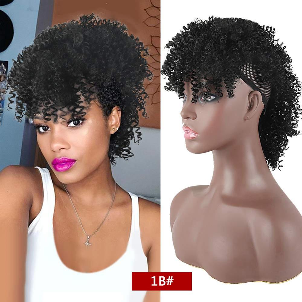 Afro Puff Ponytail With Bangs Afro Kinky Curly Synthetic Curly Mohawk Ponytail Clips in Hair Extension For Black women Hairpiece: 1B