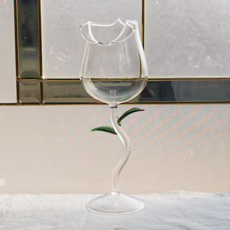 High Rose Shape Goblet Transparent Pink Rose with Leaves Wine Champagne Glasses Romantic Water Cups: 260ml green 1pc