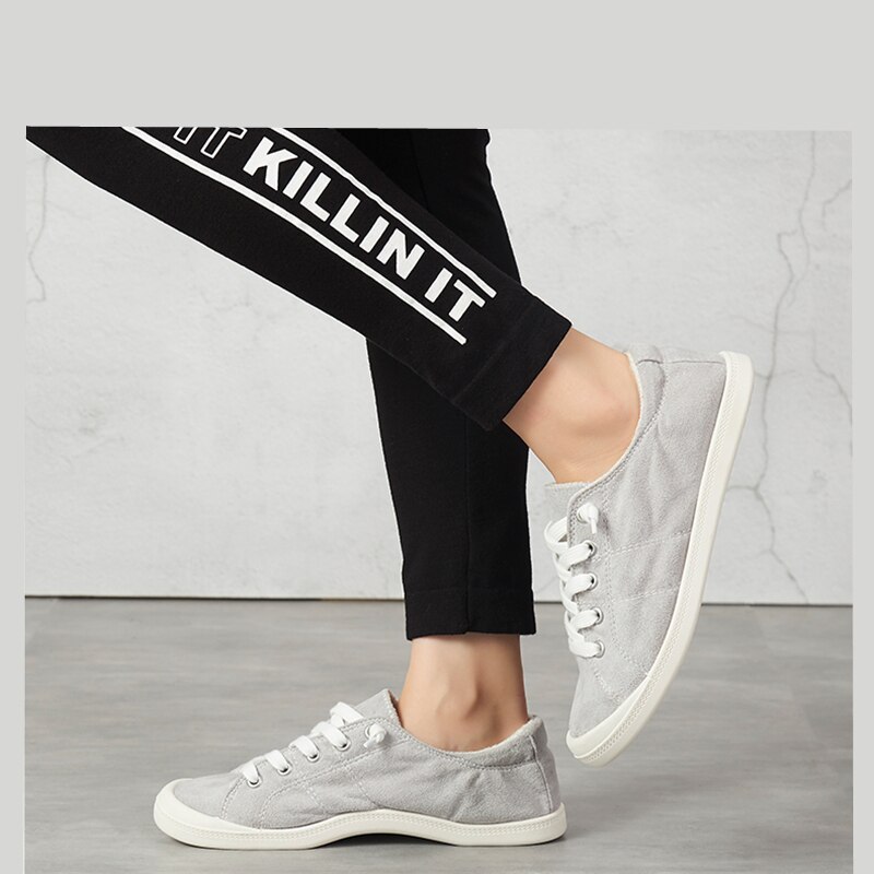Schoenen dames grijze canvas sneakers veterschoenen platte loafers comfortabele vulkanische schoenen casual