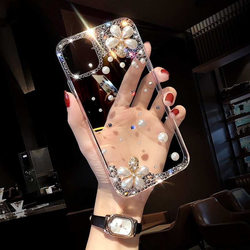 Funda de teléfono con diamantes y perlas para iPhone, funda de teléfono con diamantes de imitación para iPhone 12 mini 11 Pro X XS Max XR 6 6s 7 8 Plus SE