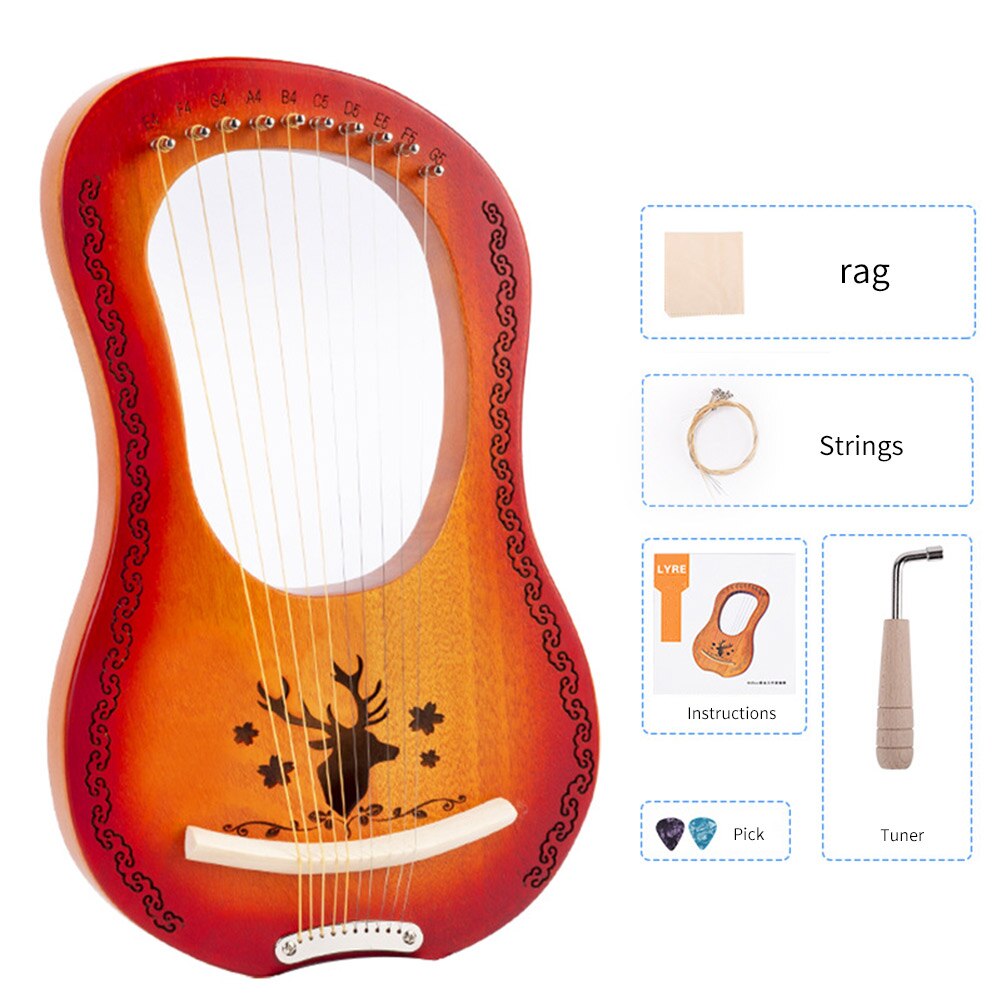 Reindeer 10 Strings Mahogany Lyre Harp String Musical Instrument Lightweight Portable Music Elements for Beginner