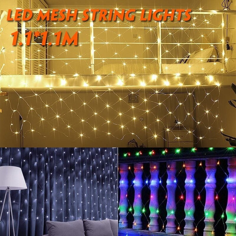 1.1*1.1m led nett solenergi lys bryllup jul fe string lys utendørs vanntett fest dekor mesh lys