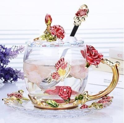 Rose Blossom En Strass Versierd Emaille Koffie Cup Beker Bloem Thee Glas Melk Cups Legering Handgreep Kopjes En Mokken: G
