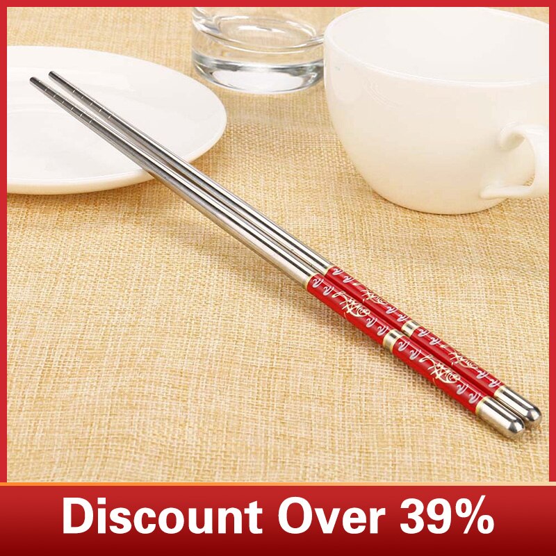 1 paar Eetstokjes Chinese Natuurlijke Lengte Witte Bloem Patroon Roestvrij Staal Eetstokjes Draagbare Chop Sticks