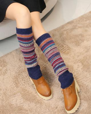 Antikke farve striber kvinder strikkede sokker lange scaldamuscoli gamacher støvler kvinder vinter varmere boho varme: 2
