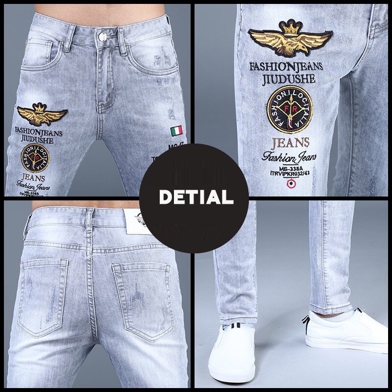 Sommer mænd broderi flået jeans mand slim fit stretch blyant bukser streetwear jean brev badge denim bukser