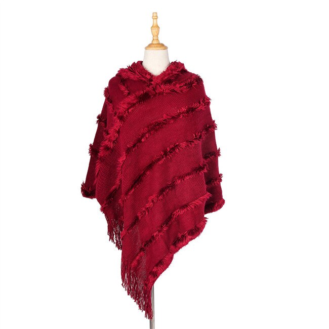 Höststickad poncho dam päls huva ponchos och kepsar vinter utomhuskläder filt kappa femme fleecetröja cardigan plus size: Rödbrun