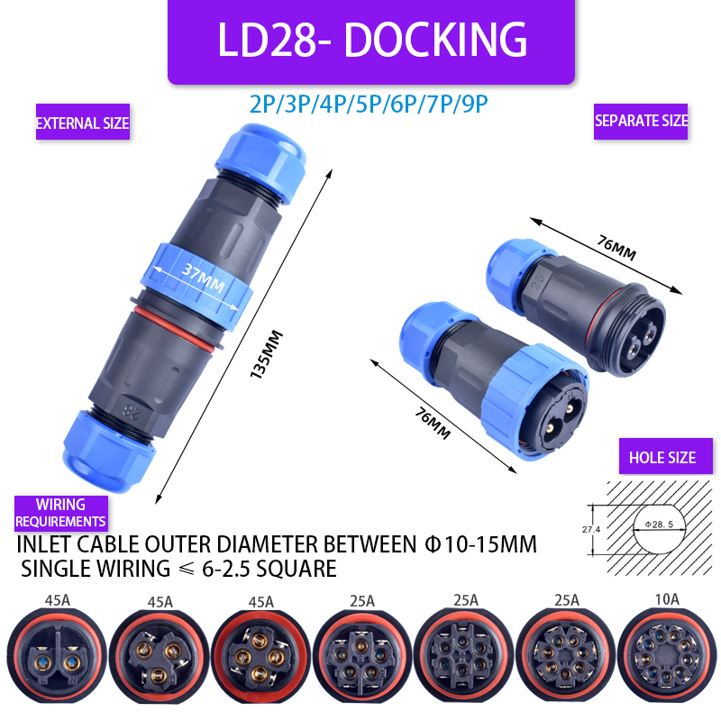 IP68 LD28 Waterproof Connector 2/3/4/5/6/7/9Pin Sc... – Grandado
