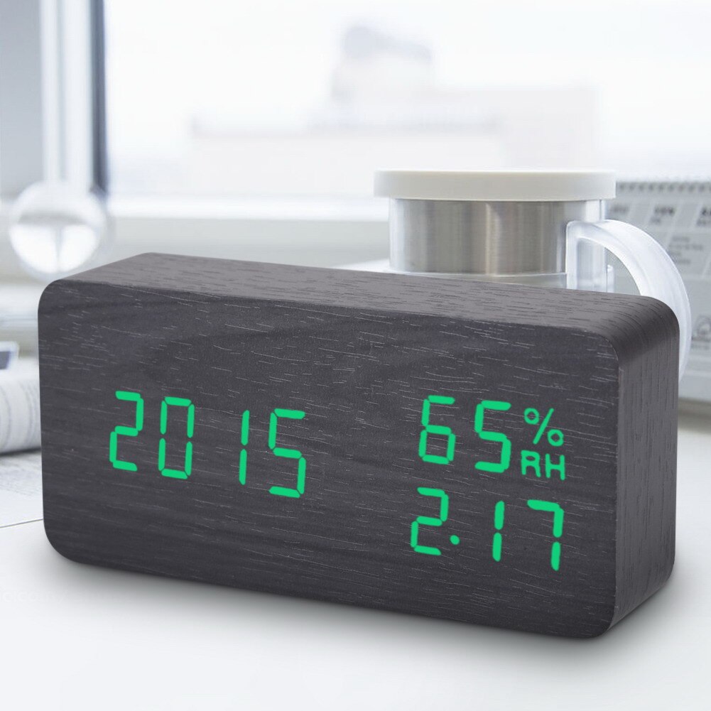 LED Wooden Alarm Clock Voice Control Digital Electronic Desktop Clocks Time Temperature Humidity Display Home Decor 15x4x7cm