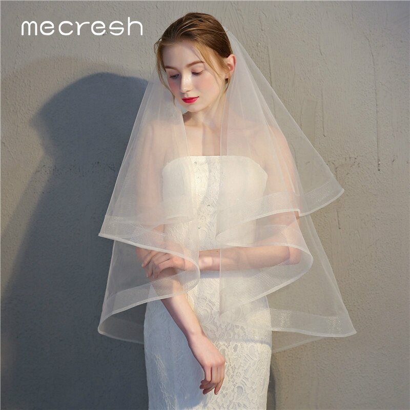 Mecresh Band-Rand Braut Hochzeit Schleier 2 Schichten Weiß Elfenbein Ellenbogen Länge Tüll Mariage Schleier Mit Kamm Frauen Zubehör TS001