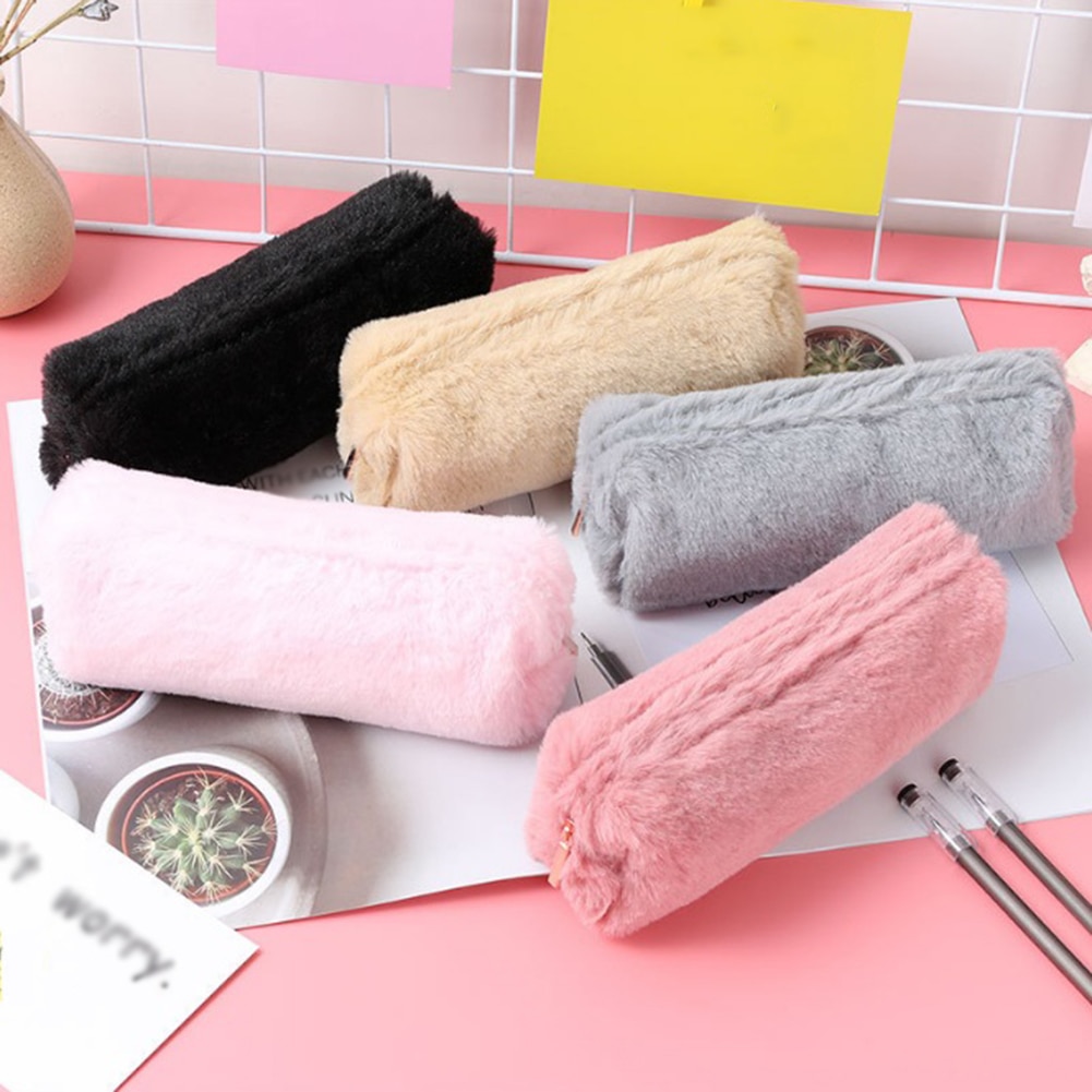 ¡Novedad de ! estuche para lápices con Oso de felpa esponjoso para chicas, bonito estuche para maquillaje, bolsa de almacenamiento suave para mujeres, bolsa para cosméticos de Color sólido suave para chicas
