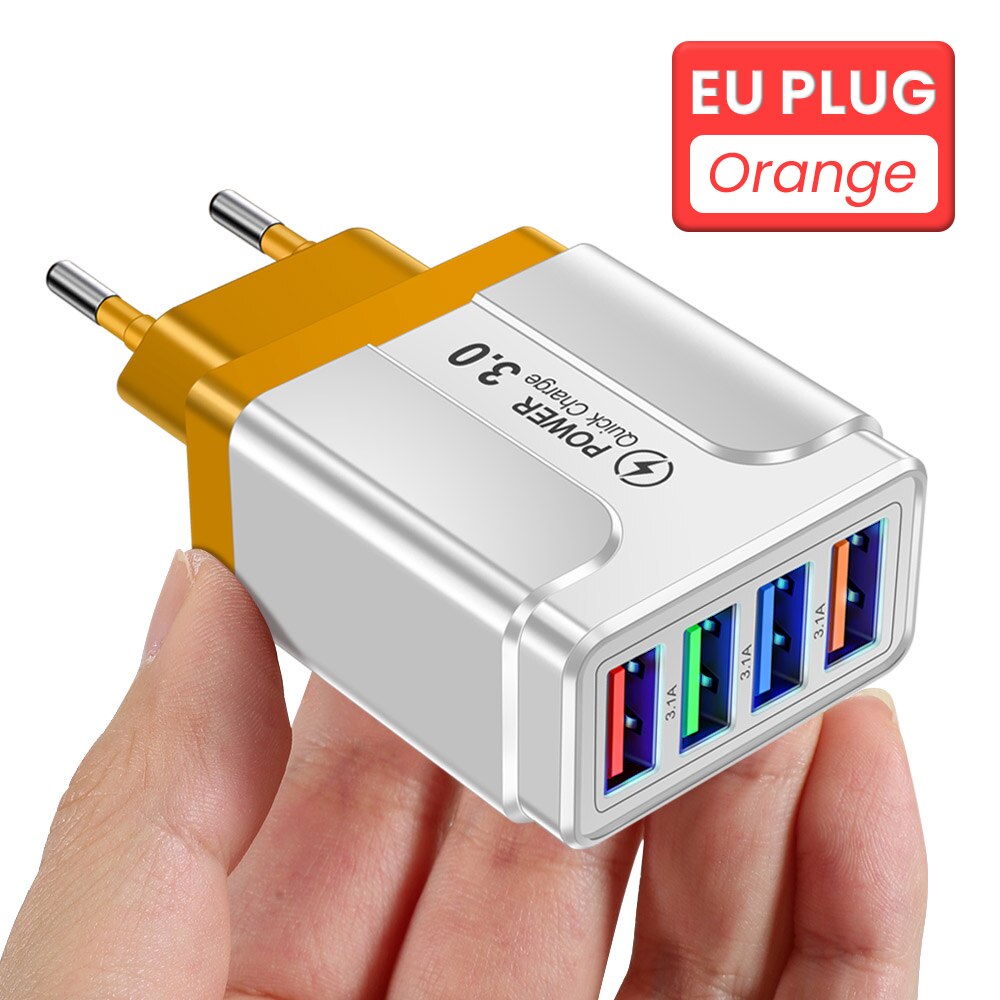 4 Poorten Usb Charger 3.1A Quick Charge Travel Charger Eu/Us/Uk Plug Snel Opladen Lader Voor iphone 13 12 Pro Xiaomi Redmi: ORANGE EU PLUG