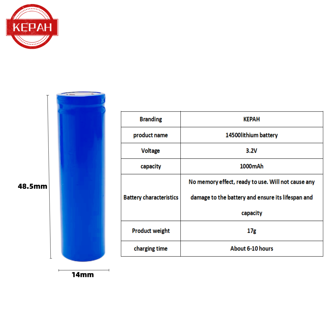 14500 lithium battery, large capacity, high-power 3.2V rechargeable battery, multifunctional and durable 1000mAh