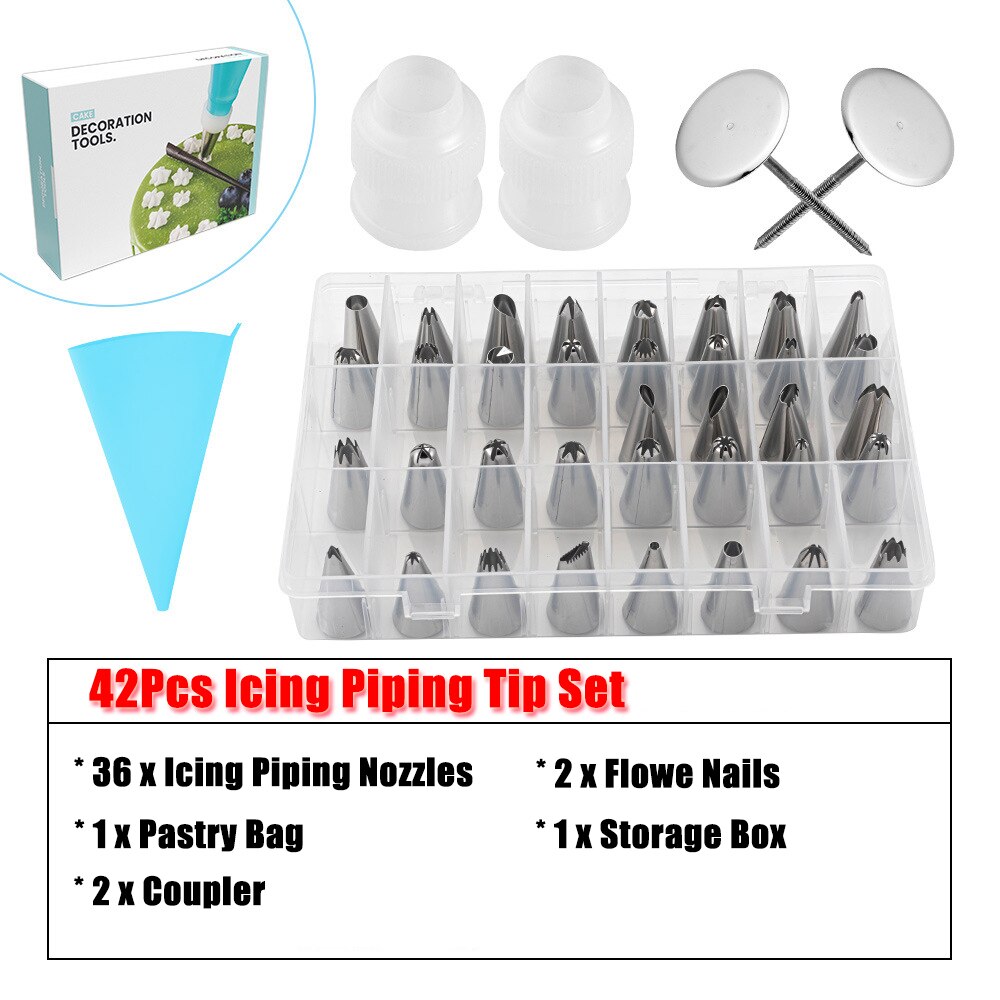 33/37/42Pcs Cake Gereedschap Icing Piping Tips Nozzle Set Cake Decorating Gereedschap Set Met Siliconen Patry tas Taart Schraper Bloem Nail: 9167