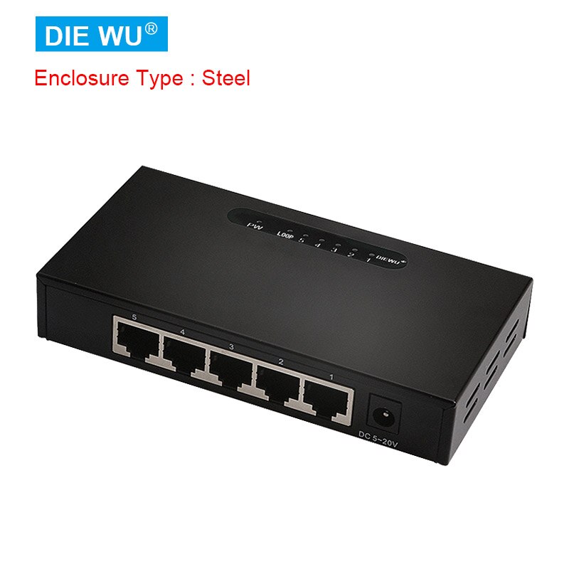 TXE042 Ethernet Switch, 5 Port Gigabit Unmanaged Metalen/Plastic Plug En Play Compact Met Loop Waarschuwing Ondersteuning 5-20V Input: Iron shell