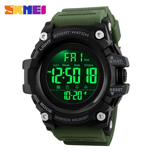 Skmei sport klokker herre digital klokke klokke 2 tid 12/24 timer el ligjt vanntett armbåndsur relogio masculino 1384: Militærgrønn