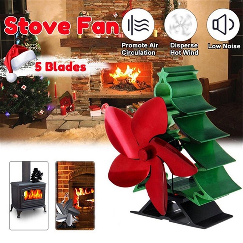Christmas Tree Fireplace Fan 5-Blade Heat Powered Stove Fan Burner Eco Fan Quiet Home Fireplace Fan Efficient Heat