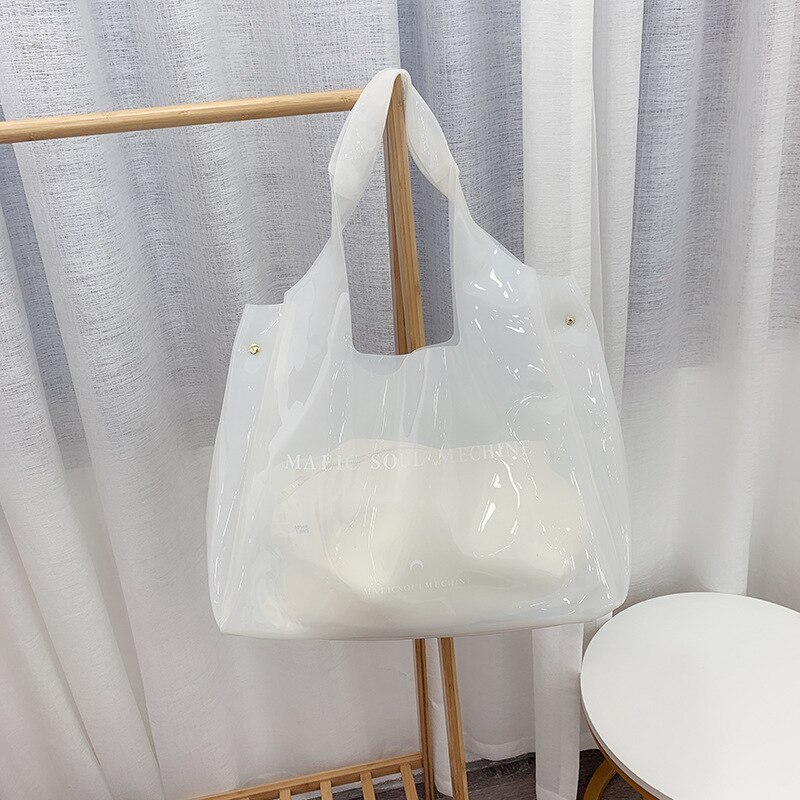 2019 Novo Saco Mulheres Bolsa de Ombro Grande Capacidade de saco de Praia PVC Transparente Geléia Bolsa Doces Casuais Tote Weekender Viagem Duffel Bag: WHITE