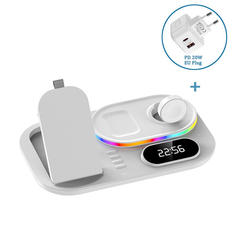Qi 3 in 1 schnellladestation für iphone 13, 12 11 pro max/apple watch 7, 6 se/ airpods pro, kabelloses ladegerät mit uhrfunktion: Weißer eu-stecker (c)