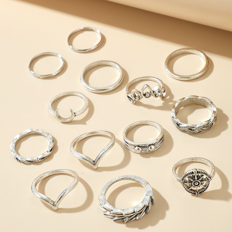 Tocona 13pcs/sets Retro Hollow Geometric Silver Color Ring Sets Exquisite Moon Wedding Ring Jewelry for Women men 14822