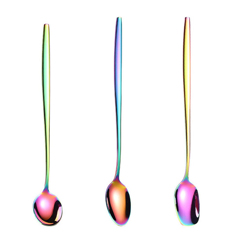 Square Head Round Korean 201 Stainless Steel Pointed Spoon Titanium Plated 7 Colorful Long Stirring Coffee Spoon