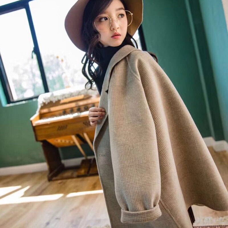 neue Herbst Winter freundlicher Mädchen Baumwolle Lange Jacken freundlicher Revers Plaid Wolle Mantel Teenager Mädchen lässig warm Wolle Outwear k18